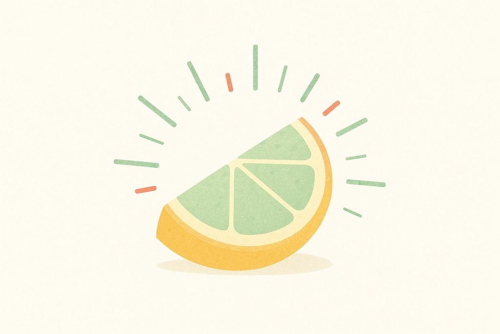 A minimalist illustration of a citrus wedge, possibly a lemon or lime, with light green flesh and a yellow rind. It emits cartoon-like green and red waves or rays, suggesting freshness or flavor, on a light off-white background.