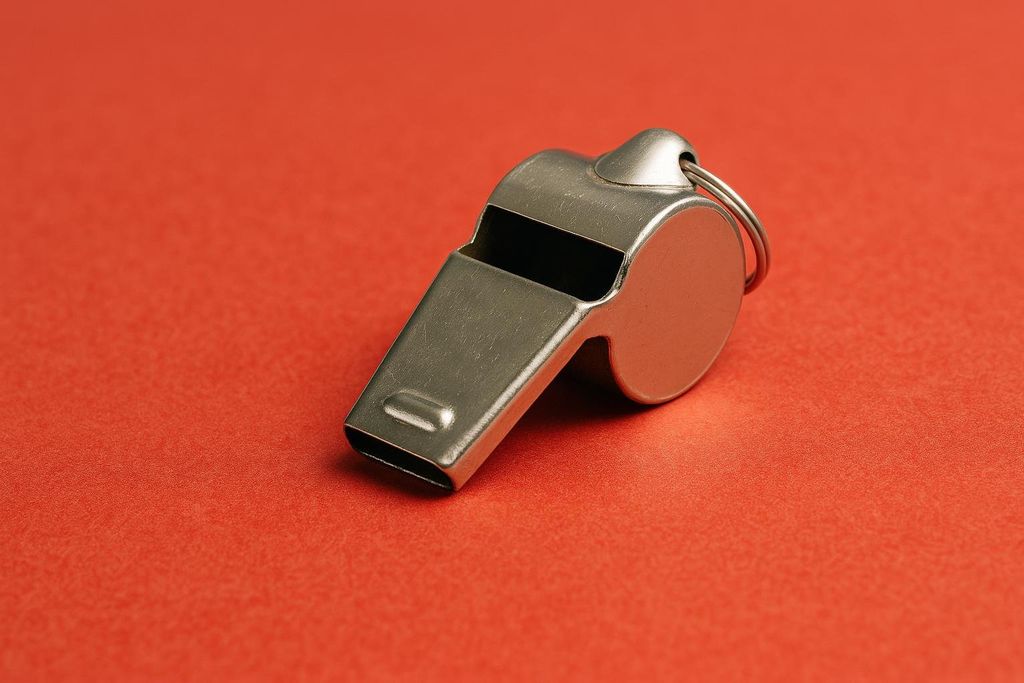 A silver metal referee whistle lies on a solid red background. The whistle is positioned diagonally across the frame, with the mouthpiece pointing towards the bottom left and the keyring end towards the top right. The surface of the whistle shows a smooth, reflective texture. The red background is slightly textured and appears evenly lit.