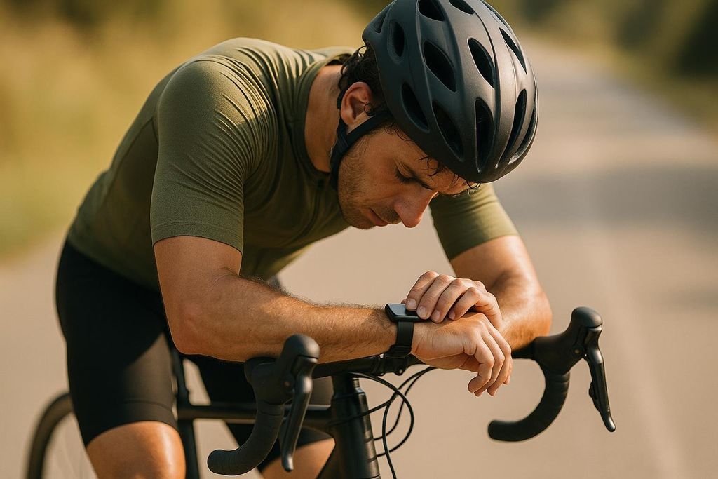 A male cyclist in a helmet and olive green jersey leans on his bike handlebars, looking down at his smartwatch to check workout data.
