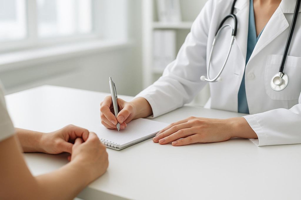 A close-up of a doctor in a white coat and stethoscope writing notes with a pen in a spiral-bound notebook during a consultation with a patient whose hands are visible on the left.