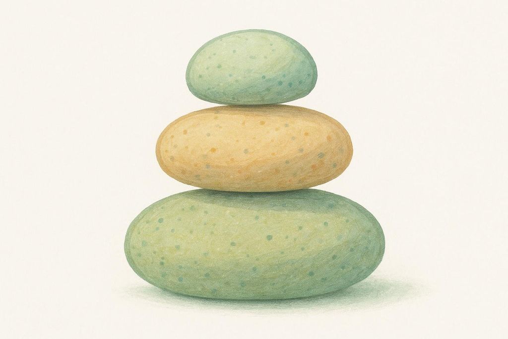 An illustration of three smooth, oval-shaped stones stacked on top of each other. The bottom and top stones are green, and the middle stone is light brown, all with subtle speckled textures against a plain white background.