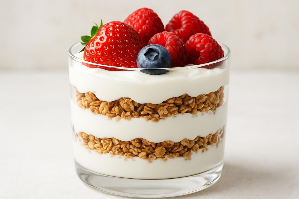 A close-up photograph of a Greek yogurt parfait in a clear glass. The parfait features alternating layers of white yogurt and golden granola, topped with fresh red strawberries, raspberries, and a single blueberry.
