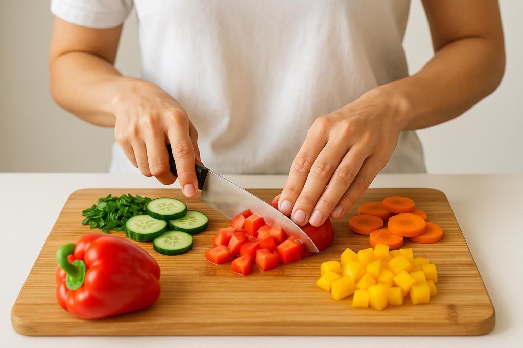 A person in a white t-shirt uses a knife to chop a red bell pepper into small cubes on a wooden cutting board. Around the board are piles of sliced cucumbers, chopped herbs, and diced yellow bell peppers, with a whole red bell pepper and sliced carrots beside them.