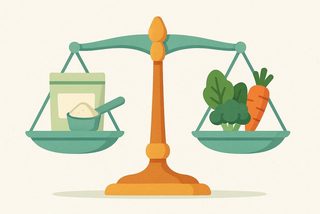 Illustration of a balanced scale comparing a container and scoop of supplement powder to a pile of whole vegetables.