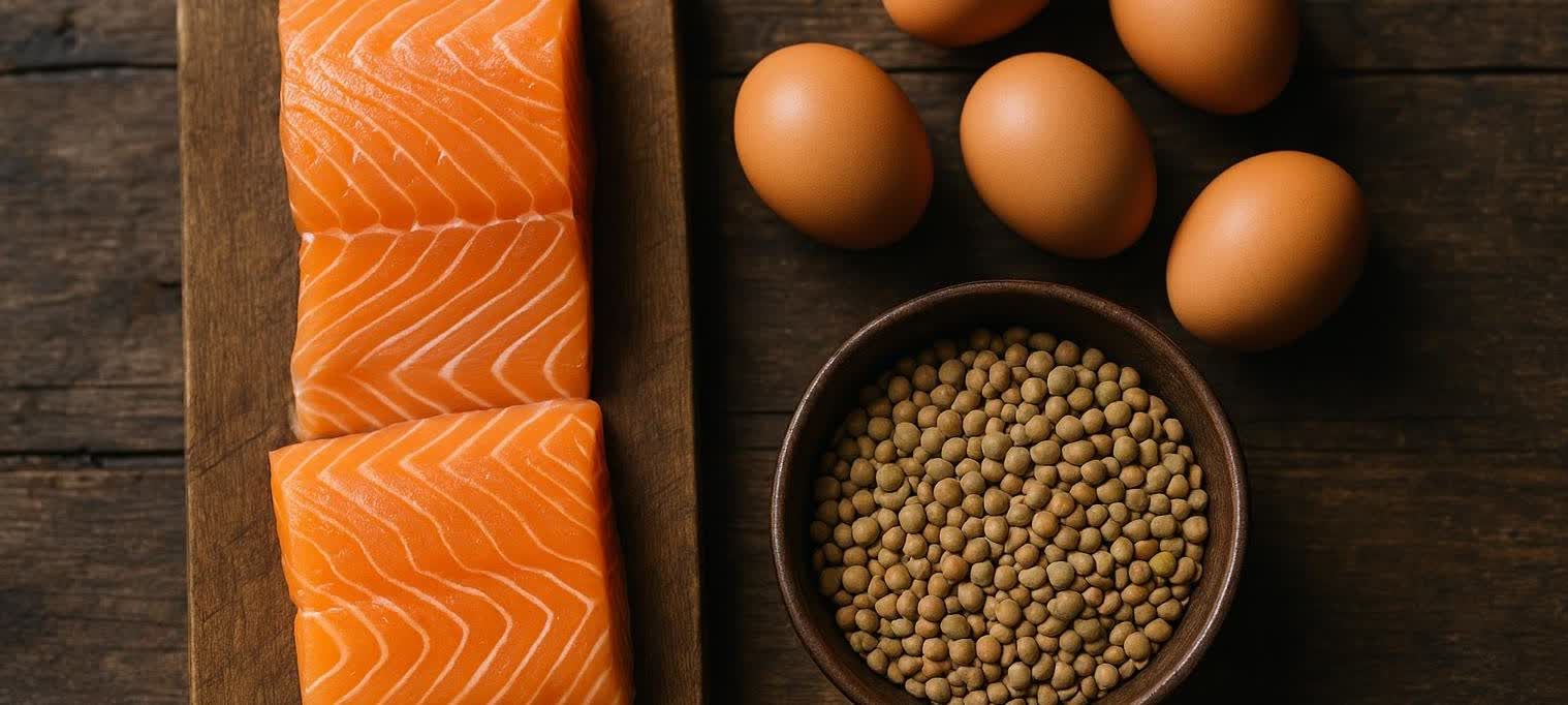 Three salmon fillets on a wooden board, with several brown eggs and a bowl of lentils on a dark wooden table. All are common sources of protein.