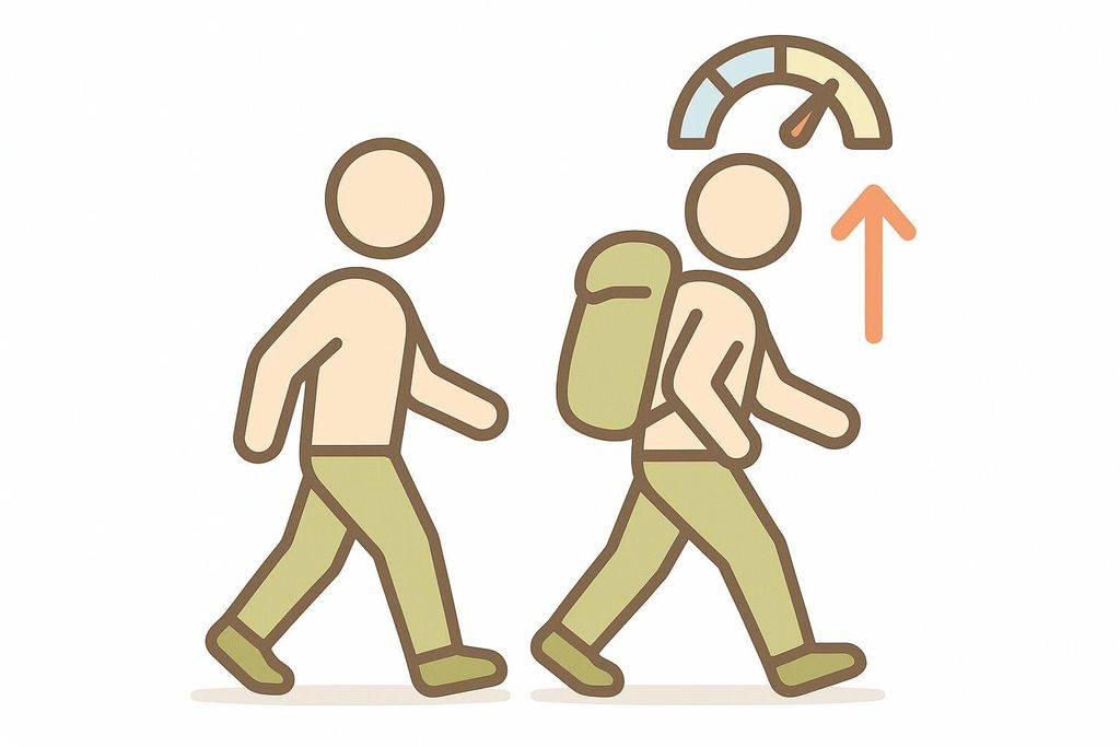 Illustration shows a figure walking next to a figure rucking. A meter above the rucking figure shows a higher reading, indicating more calorie burn when rucking.