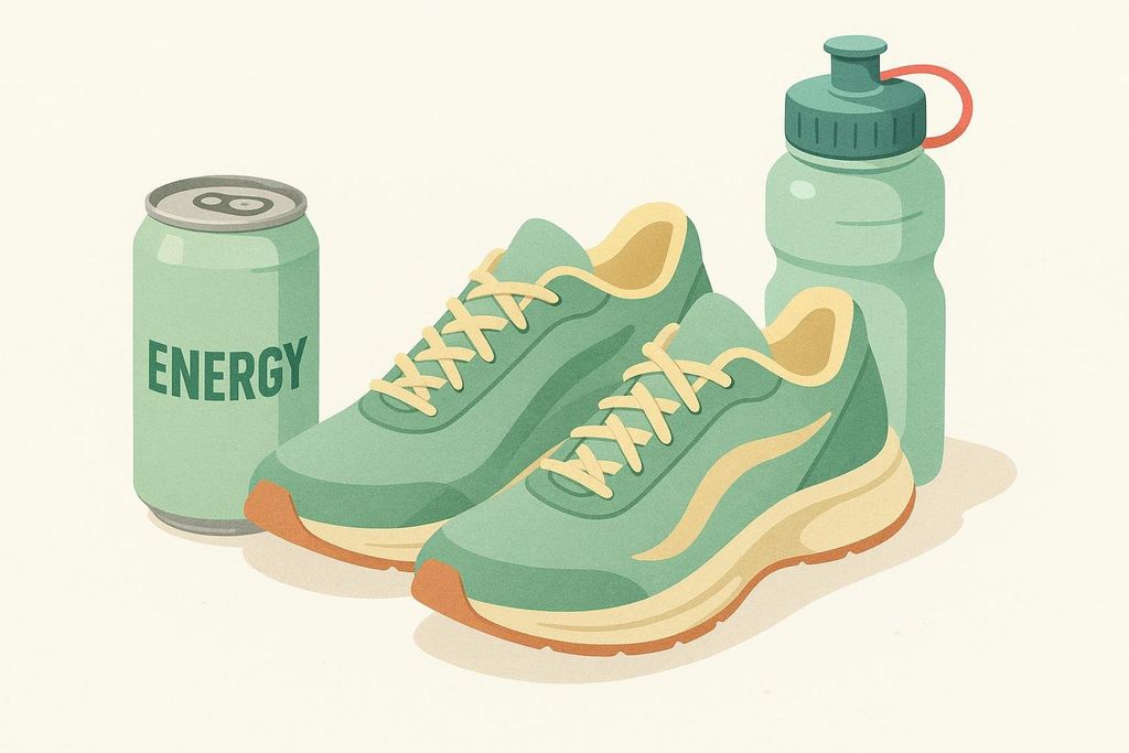 An illustration depicting pre-workout preparation, featuring a light green 'Energy' drink can, a pair of matching light green running shoes with yellow laces, and a green water bottle with a red strap. This image symbolizes readiness for exercise.