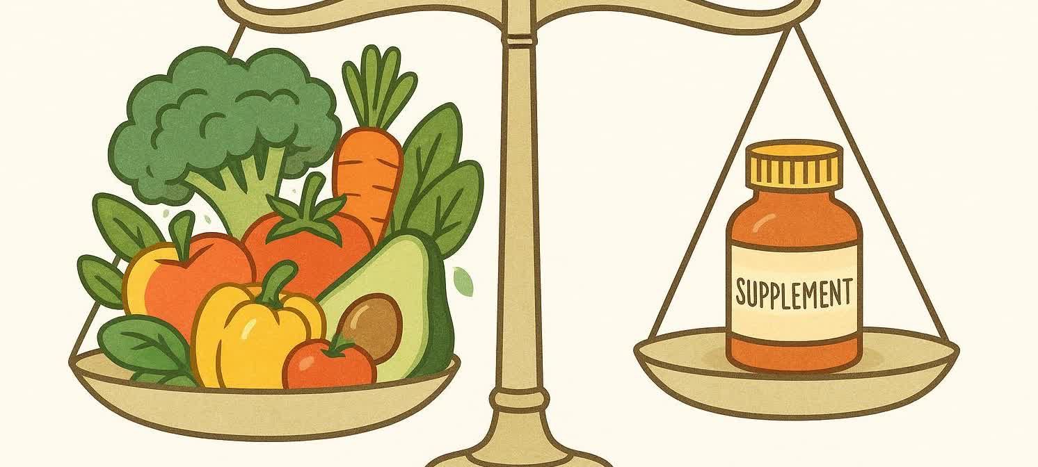 An illustration of a balance scale with fresh produce, including broccoli, carrots, apples, tomatoes, bell peppers, and avocado, in the left pan, causing it to dip lower than the right pan, which holds a single bottle labeled 'SUPPLEMENT'.