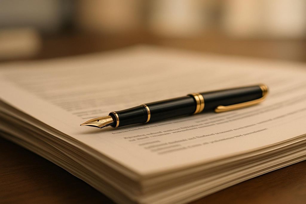 A black and gold fountain pen rests on top of a stack of documents or papers, with the pen's nib facing slightly to the left. The papers have faint text visible.