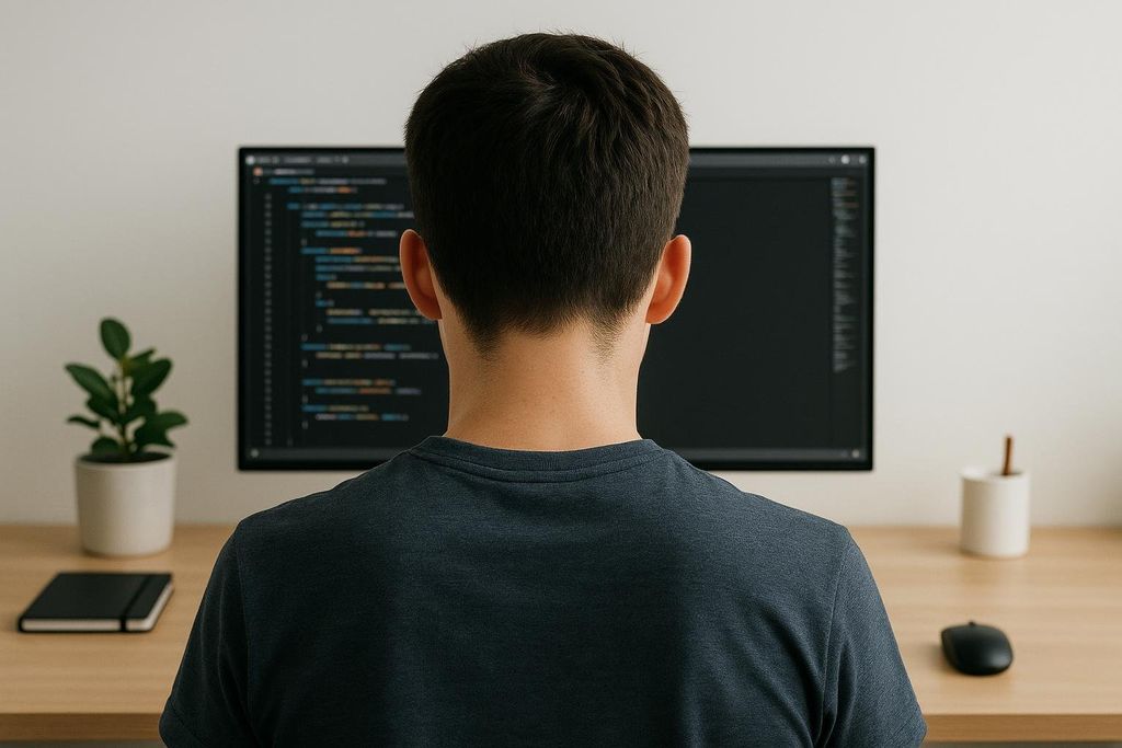 A person viewed from behind, sitting at a wooden desk and looking at a computer screen displaying code. A small plant and a notebook are to the left of the screen, and a mouse and pen holder are to the right.