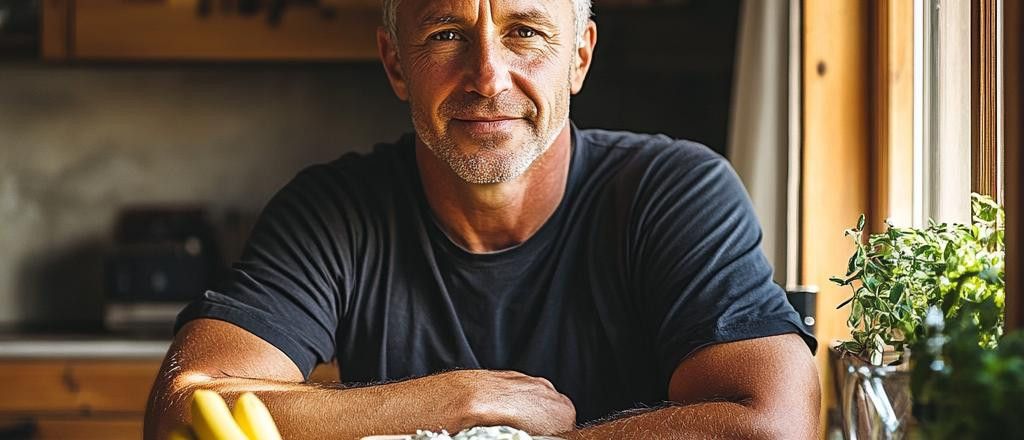 A middle-aged man with gray hair sits at a table with food, smiling slightly at the viewer.