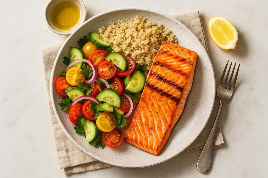 A delicious and healthy Mediterranean-style meal on a white plate, featuring a perfectly grilled salmon fillet, a serving of fluffy quinoa, and a vibrant Greek salad with sliced cucumbers, red and yellow cherry tomatoes, red onion, and parsley. A small bowl of olive oil and a lemon wedge are also visible.