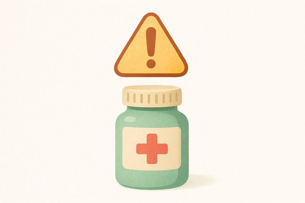 An illustration showing a green pill bottle with a red cross on its label, placed below a yellow triangular warning sign with an exclamation mark. The image conveys caution regarding medical advice or medication.