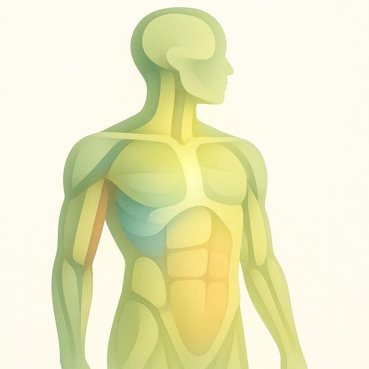 A stylized illustration of a human torso and head, depicted in shades of green, yellow, and blue, with highlighted abdominal muscles and a visible brain within the head.