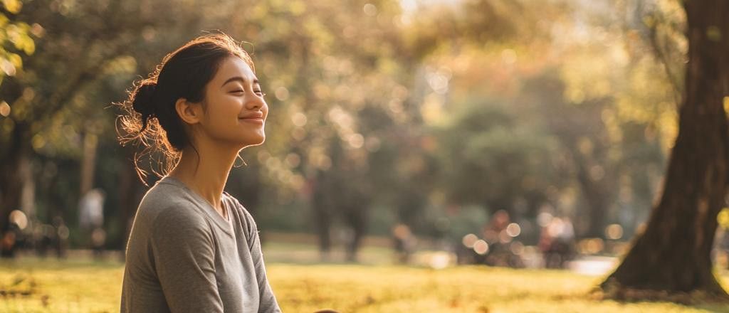 A young woman with her eyes closed and a peaceful smile on her face, bathed in sunlight in an outdoor setting with trees and blurred figures in the background.