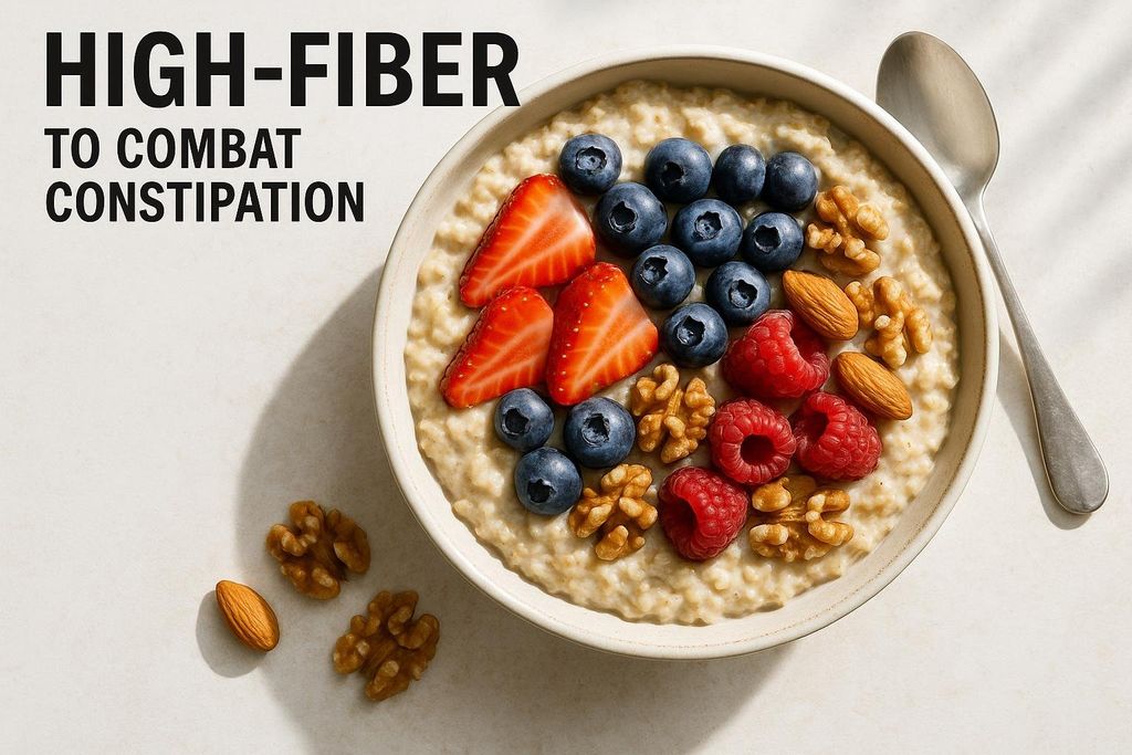 A bowl of oatmeal topped with fresh strawberries, blueberries, raspberries, walnuts, and almonds, with text that reads 'HIGH-FIBER TO COMBAT CONSTIPATION'.