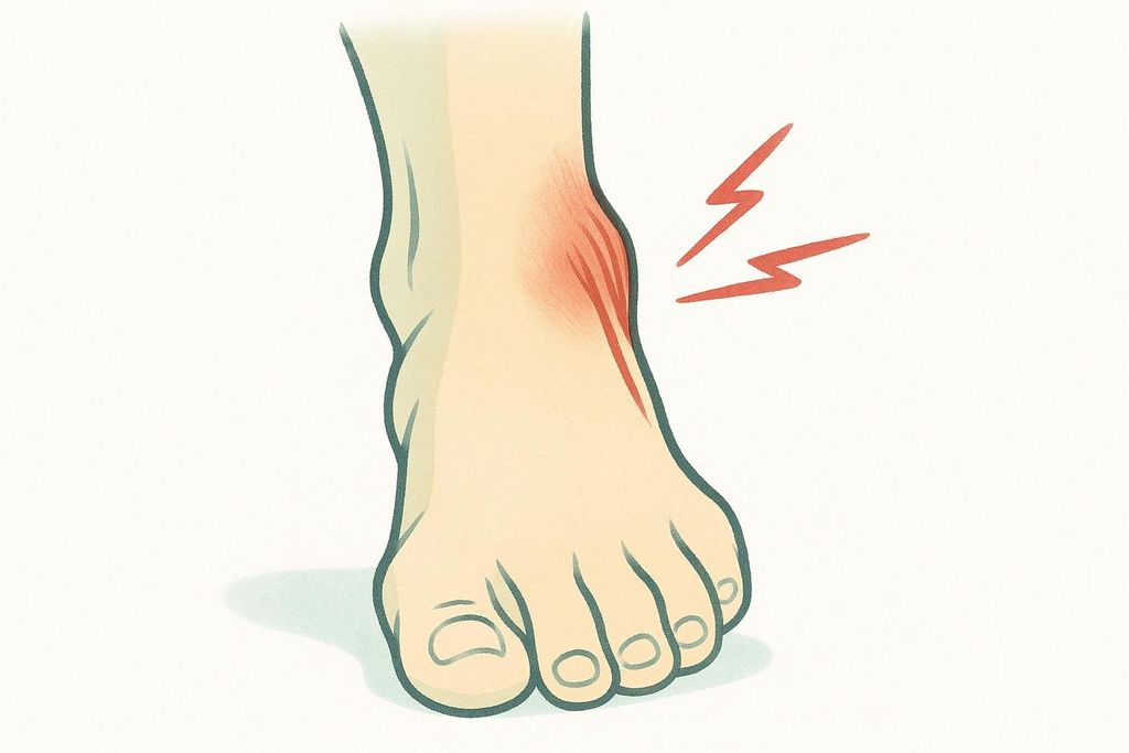 An illustration showing a human foot with the ankle twisted inwards, indicating excessive inversion. A red area highlights the outer ankle and lower shin, with two red lightning bolt symbols next to it, signifying pain and stress in the lateral muscles due to a sprain.
