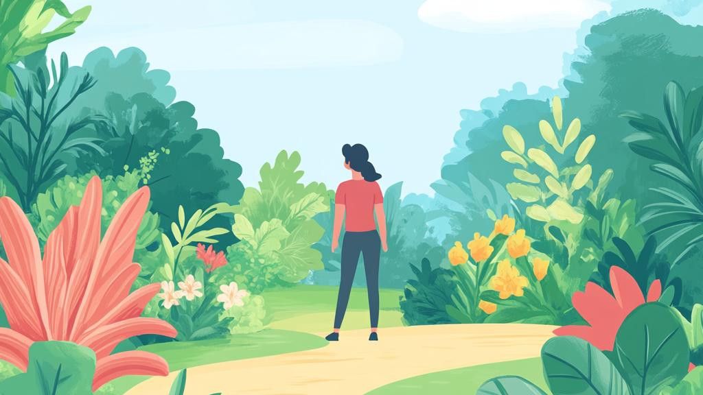 A woman in a red shirt and dark pants stands on a path looking away from the viewer, surrounded by large, colorful flowers and lush green foliage in a garden.