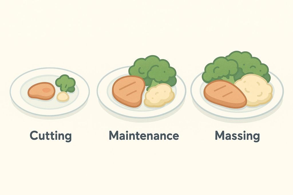 Three plates, each labeled with a diet phase: 'Cutting' shows a small portion, 'Maintenance' shows a medium portion, and 'Massing' shows a large portion of food, illustrating different caloric intake levels.