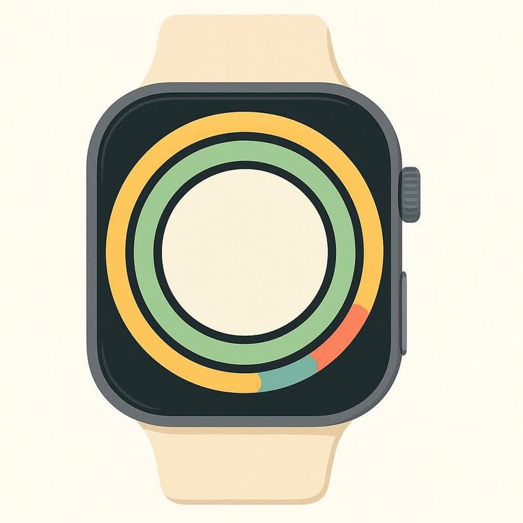 An illustration of a smartwatch displaying three concentric colored rings, with the outermost yellow ring and the middle green ring almost complete, and the innermost ring showing segments of teal, orange, and red.