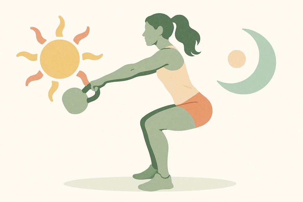 An illustration of a woman in a low squat, holding a kettlebell. To her left is a stylized yellow and orange sun, and to her right is a blue-green crescent moon with a yellow dot, symbolizing cycle-smart training adjustments between day and night or different phases.