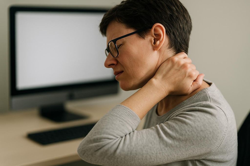 A person with short, dark hair and glasses sits at a desk, rubbing their neck with one hand, expressing discomfort from what appears to be chronic pain due to computer work. A computer monitor with a blank screen is visible in the background.