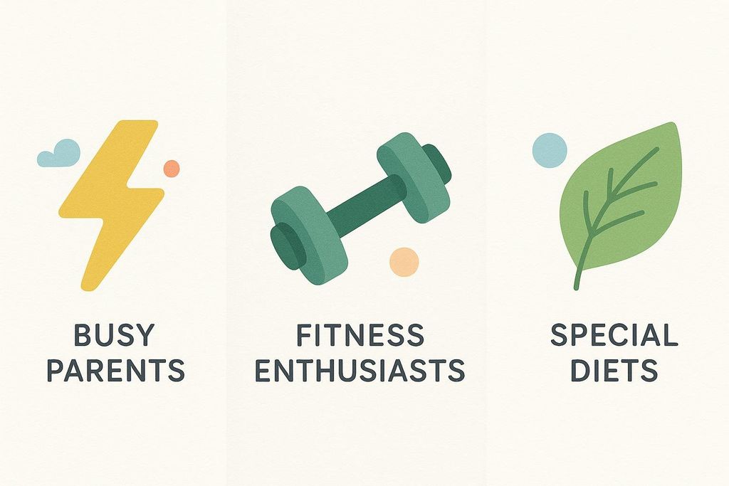 An illustration with three panels. The first panel has a lightning bolt icon and the text 'BUSY PARENTS'. The second panel has a dumbbell icon and the text 'FITNESS ENTHUSIASTS'. The third panel has a leaf icon and the text 'SPECIAL DIETS'.