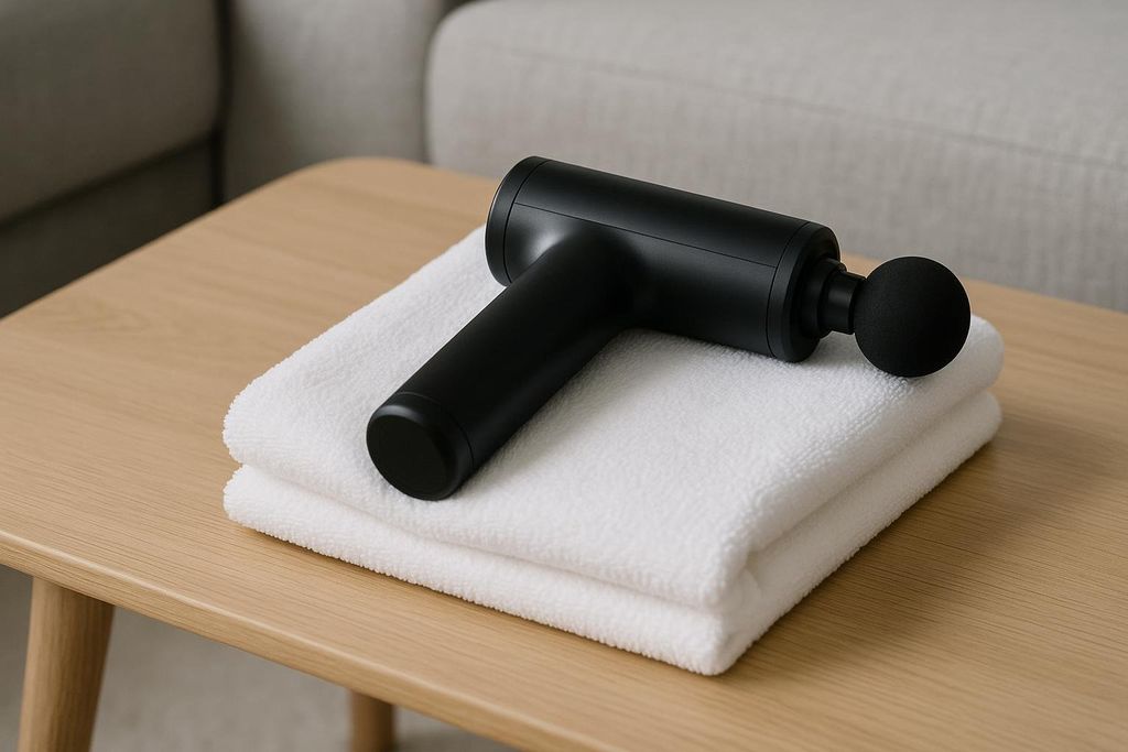 A black, modern percussive massage gun with a ball attachment resting on two folded white towels, viewed at an angle on a light wooden table.