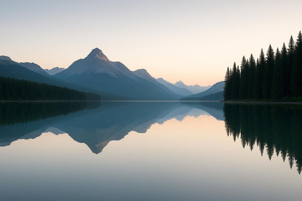 A tranquil lake perfectly reflecting the distant mountains and evergreen treeline on its calm surface under a soft, clear sky.