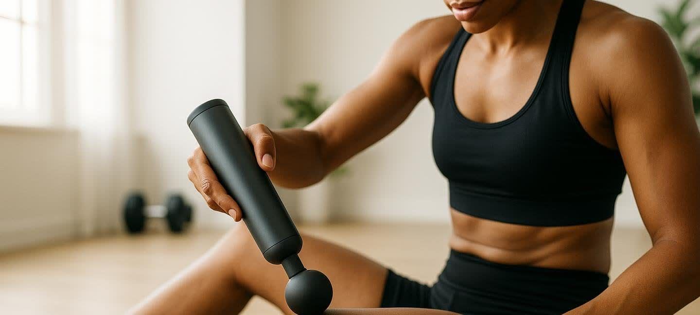 An athlete wearing a black sports bra and shorts uses a black percussive massage gun on her thigh while sitting on a mat. In the blurry background, a dumbbell is visible, suggesting a home gym setting.