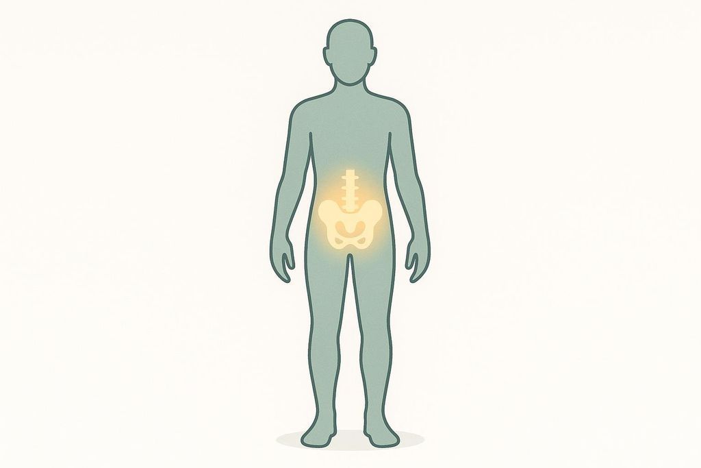 Illustration of a human figure with the hip and spine highlighted in yellow, indicating the areas typically measured by a central DXA bone densitometer for bone density.