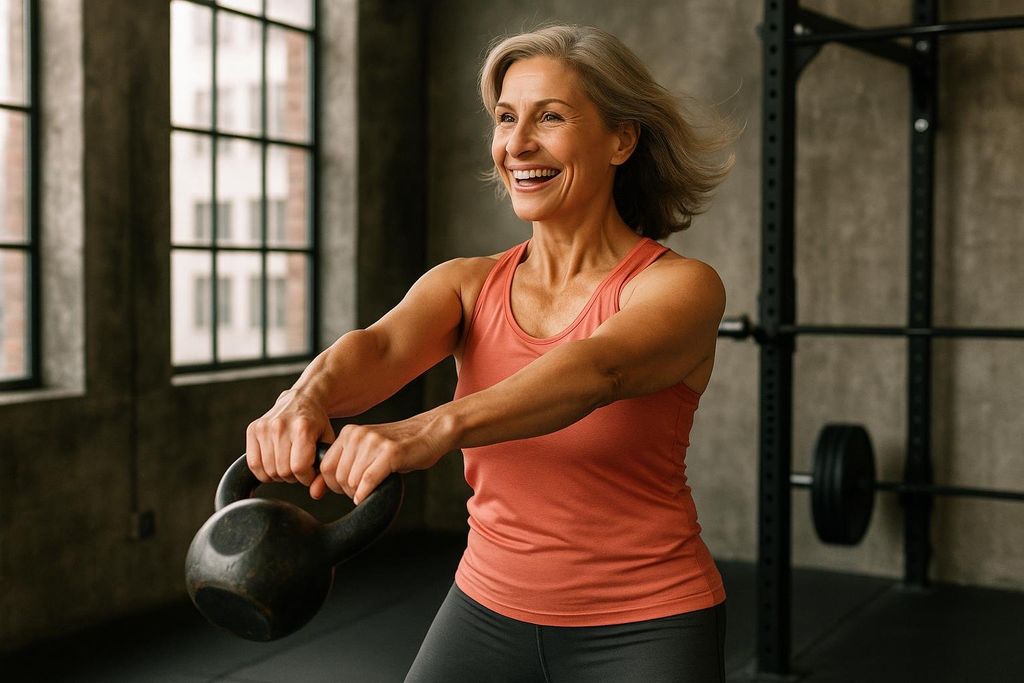 A vibrant woman in her 50s strength training with a kettlebell in a gym, showing the positive effects of exercise for menopause. Her hair is silver, she's wearing a peach tank top and grey leggings, and she has a happy expression as she swings the heavy kettlebell.