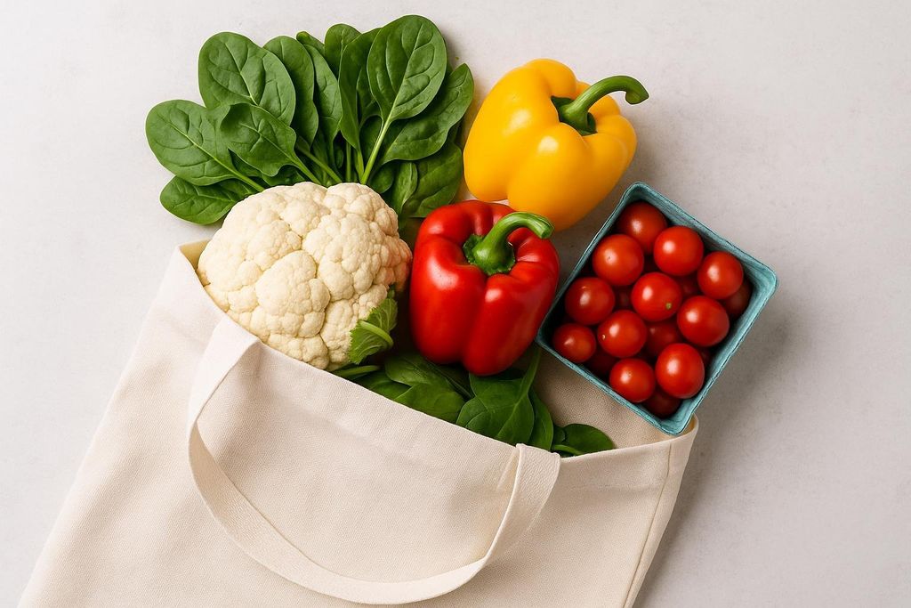 A reusable cloth grocery bag on a light gray surface, overflowing with fresh vegetables. Visible items include a head of cauliflower, a bunch of spinach, a red bell pepper, a yellow bell pepper, and a pint of red cherry tomatoes.