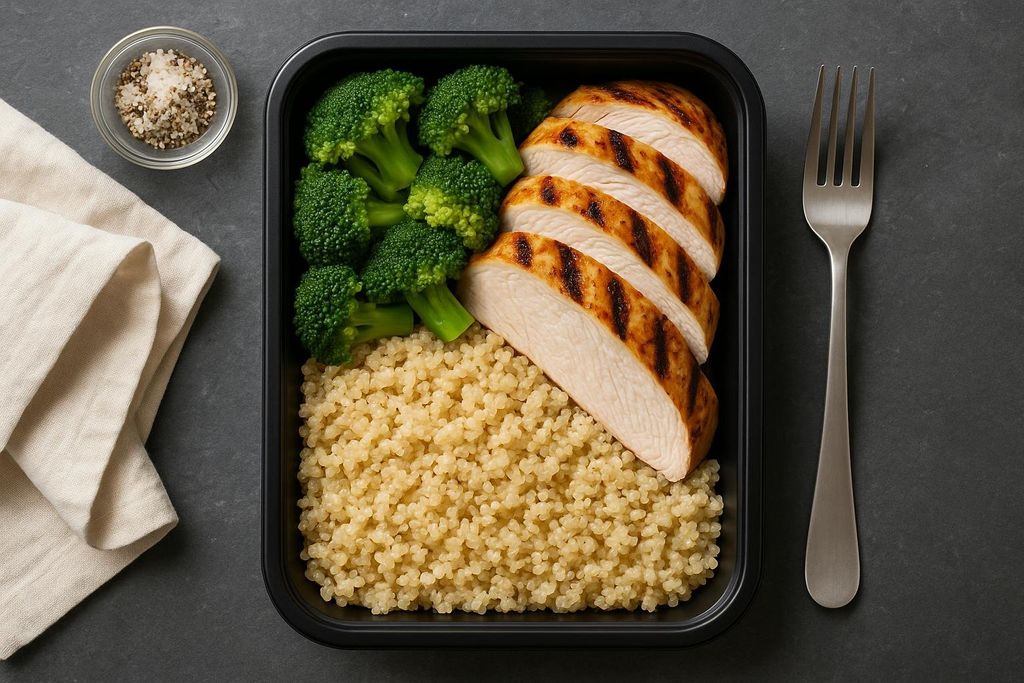 A healthy meal prep container with sliced grilled chicken breast, steamed broccoli florets, and quinoa. A small dish of seasoning and a fork are next to the container.