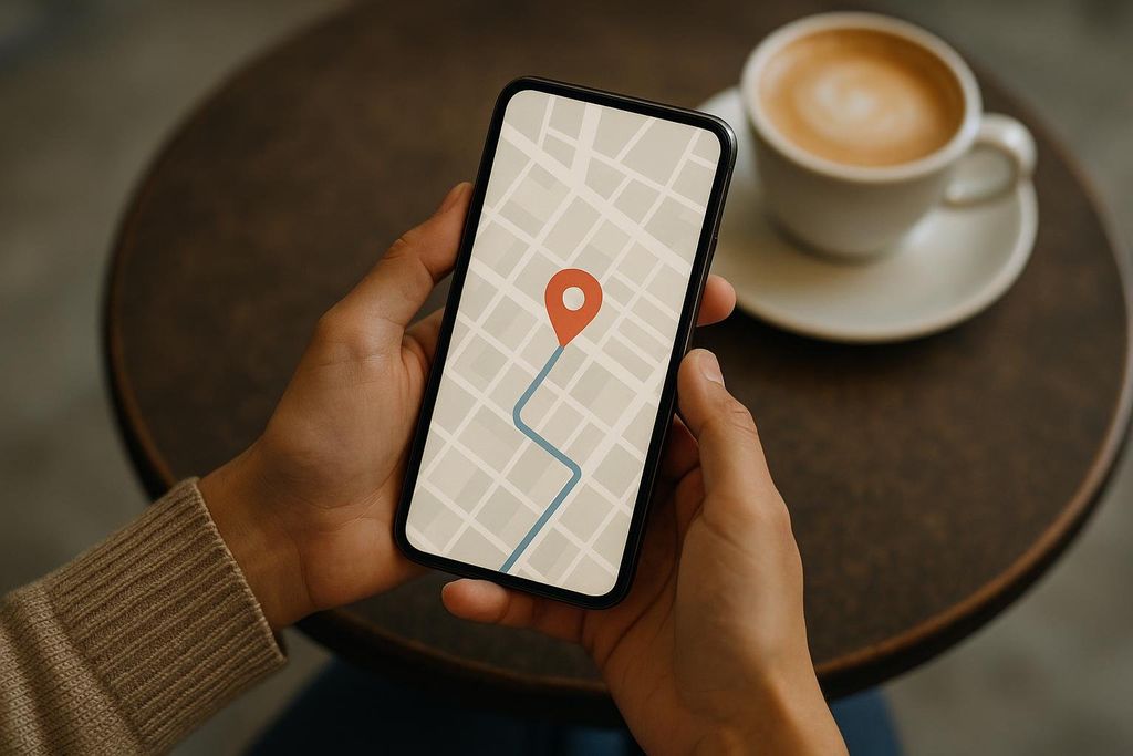 A person holding a smartphone showing a map application with a highlighted route and a location pin. A cup of coffee is visible in the background.