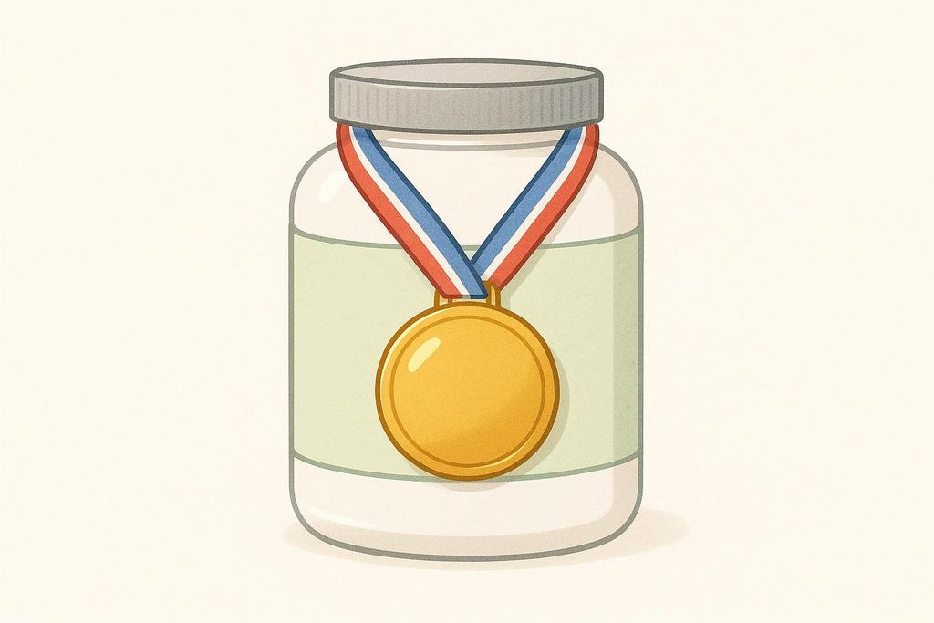 An illustration of a generic white supplement jar with a gray lid. A gold medal with a red, white, and blue ribbon hangs over the jar, suggesting achievement or high quality associated with the product.