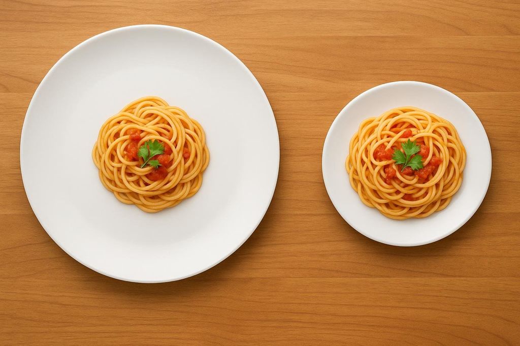 A visual comparison showing two plates with identical portions of spaghetti and tomato sauce. The plate on the left is large, making the portion appear small, while the plate on the right is smaller, making the same portion appear more substantial and satisfying.