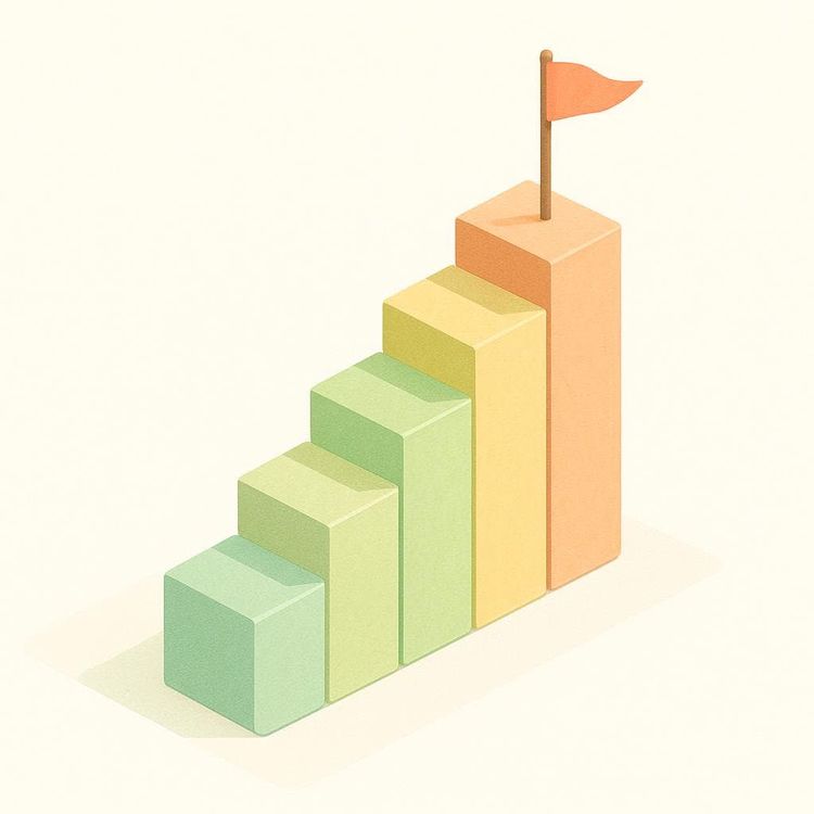 An isometric illustration of a four-step bar chart, progressing from light green to orange. A small red flag is planted on top of the tallest, orange bar, symbolizing achievement or a goal.