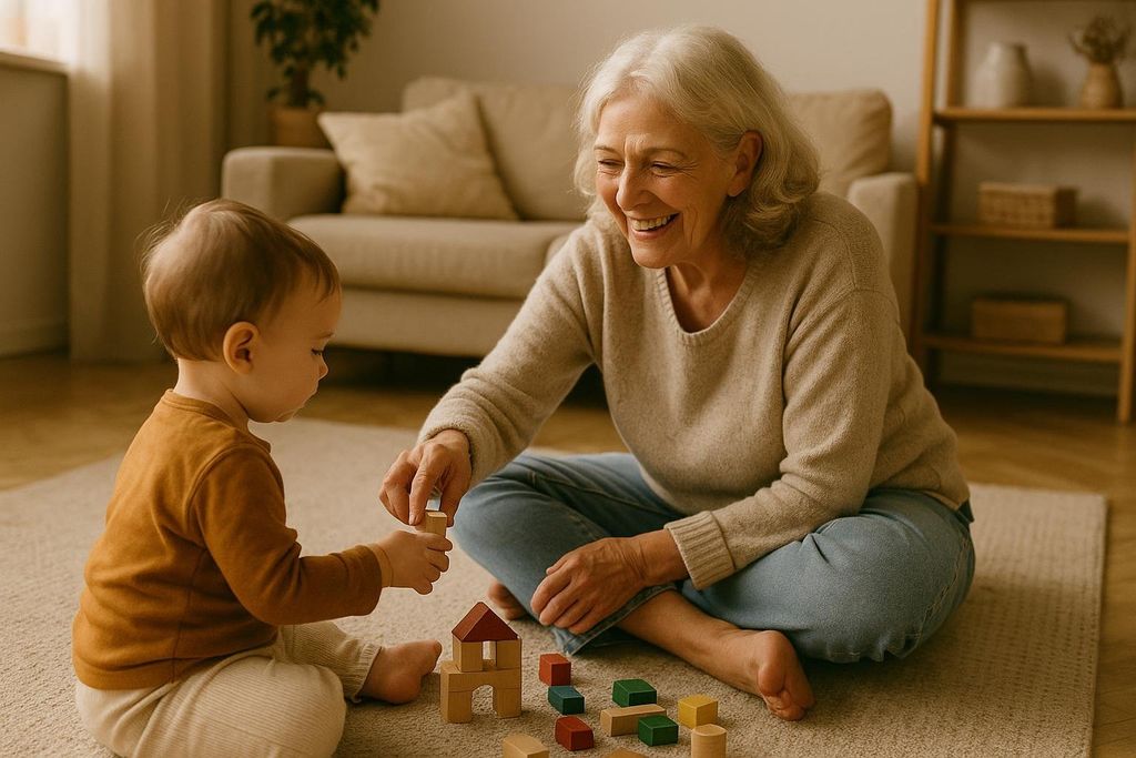 A happy older woman with white hair is sitting on the floor, smiling as she plays with building blocks with a young child. The child is wearing a brown shirt and light pants and is also on the floor, focused on building with the blocks. A sofa and a wooden shelf are visible in the blurred background. This image depicts joyful intergenerational play.