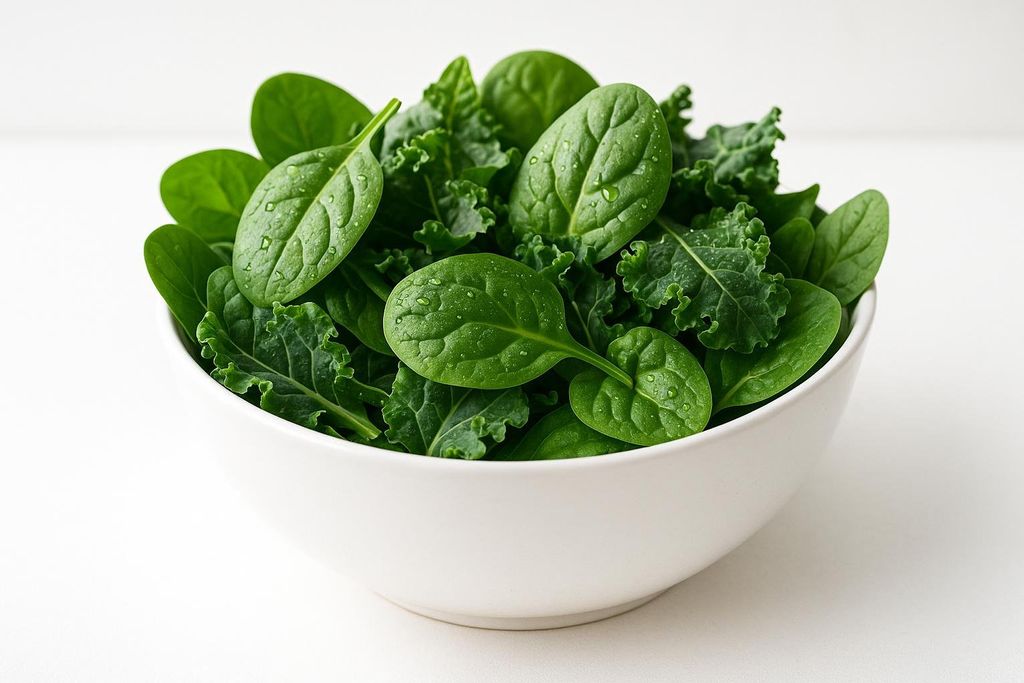 A white bowl filled with a mix of fresh, vibrant green spinach leaves and crinkly kale, with water droplets visible on some of the leaves.