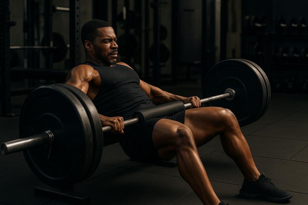 An athlete, a man with dark skin, wearing a black tank top and shorts, is performing a heavy barbell hip thrust in a gym. He is mid-repetition, lifting a barbell with large weight plates. A padded bar is positioned across his upper thighs for comfort and safety. His face shows effort, indicating the intensity of the lift. The background is a dark, typical gym setting with blurred equipment.