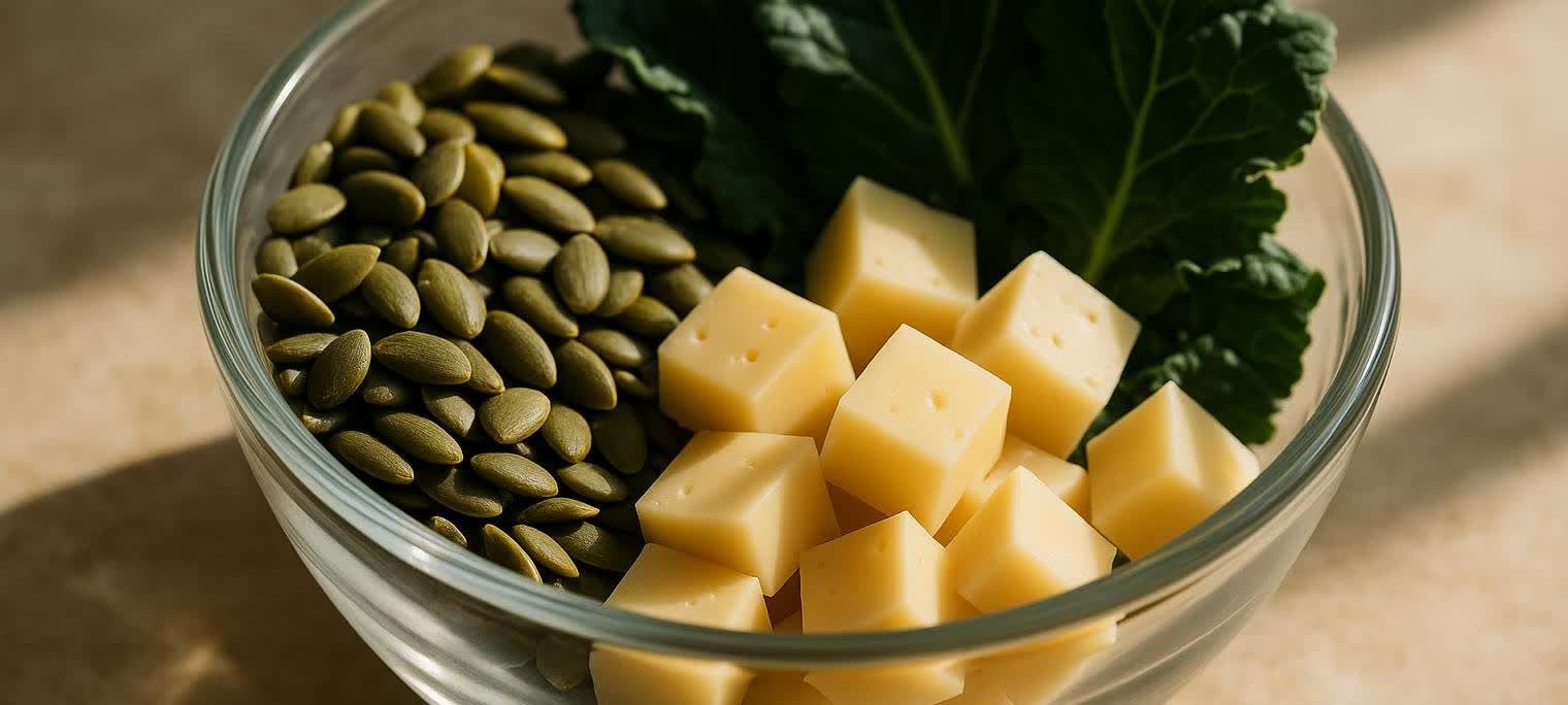 A close-up of a clear glass bowl filled with pumpkin seeds, diced cheese cubes, and dark green leafy vegetables, illuminated by natural light.