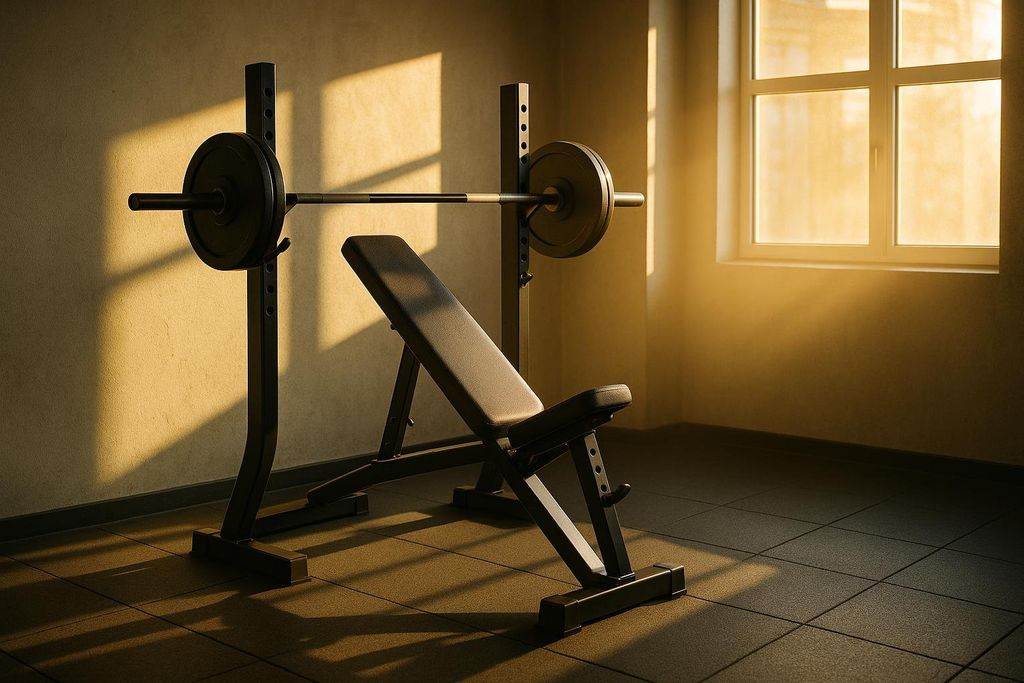 An empty weight bench set at an incline, with a barbell resting on a rack, in a gym with sunlight streaming through a window.