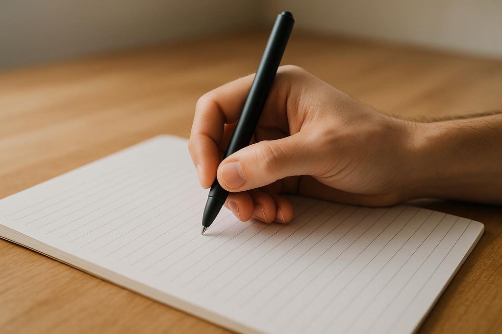 A close-up of a hand holding a black pen poised over a plain white lined notepad on a wooden desk, ready to write.
