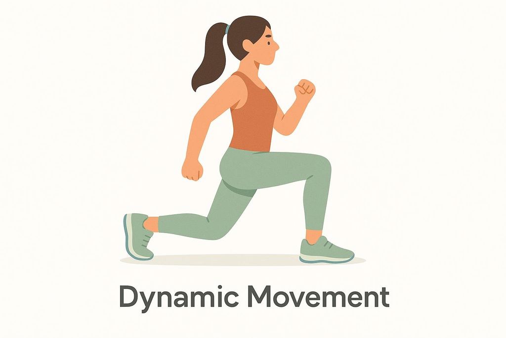 Illustration of a person with a ponytail performing a walking lunge exercise, with the words 'Dynamic Movement' below the figure.