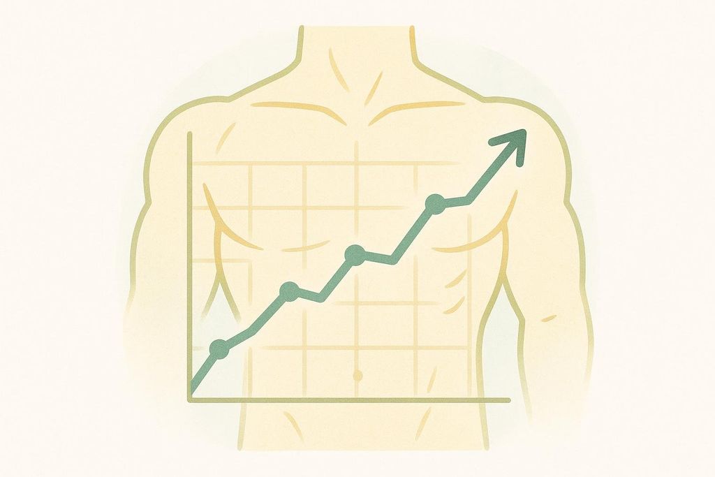 Illustration of a rising upward line graph overlaid on an abstract torso representing physical fitness tracking