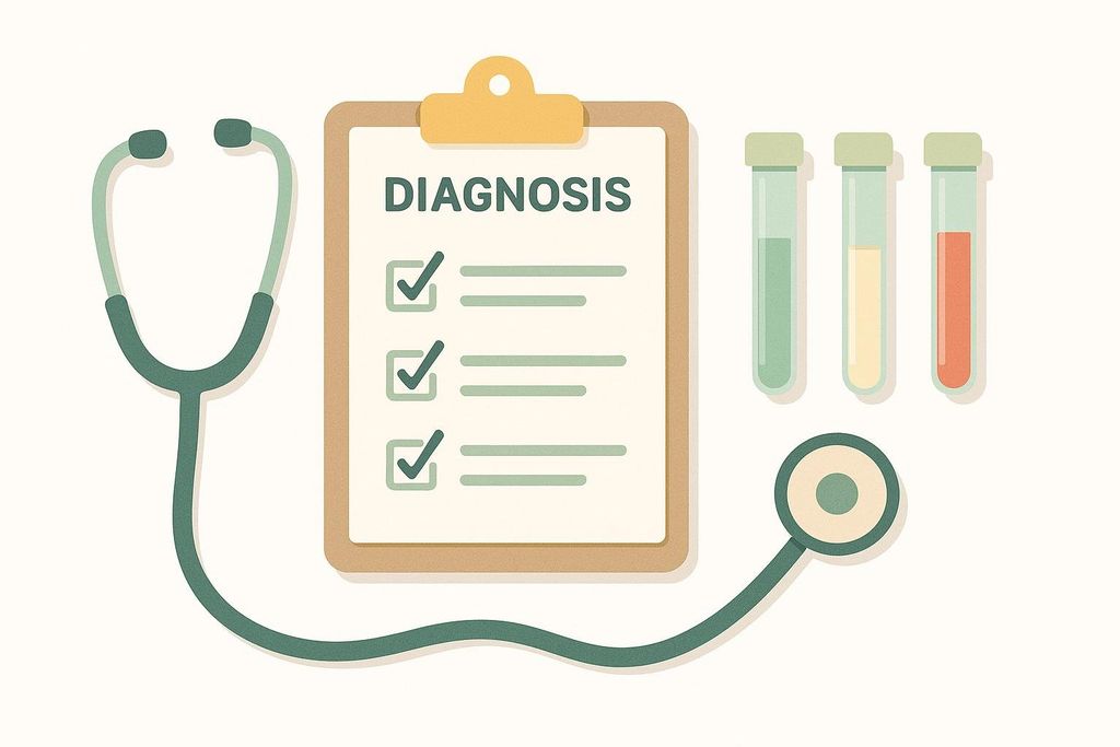 An illustration of diagnostic tools featuring a clipboard with 'DIAGNOSIS' written on it and three checked boxes, a stethoscope, and three test tubes with different colored liquids. It represents the process of medical diagnosis.