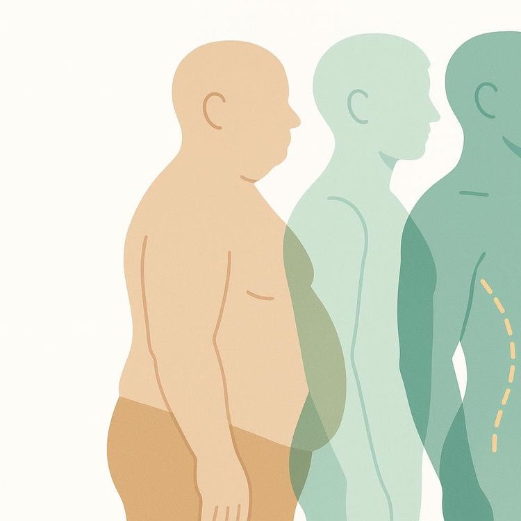 An illustration showing three overlapping male silhouettes demonstrating body progress. The first silhouette is light brown and obese, the second is translucent light blue and overweight, and the third is translucent dark blue and has a healthy body shape with dashed lines indicating spinal alignment.