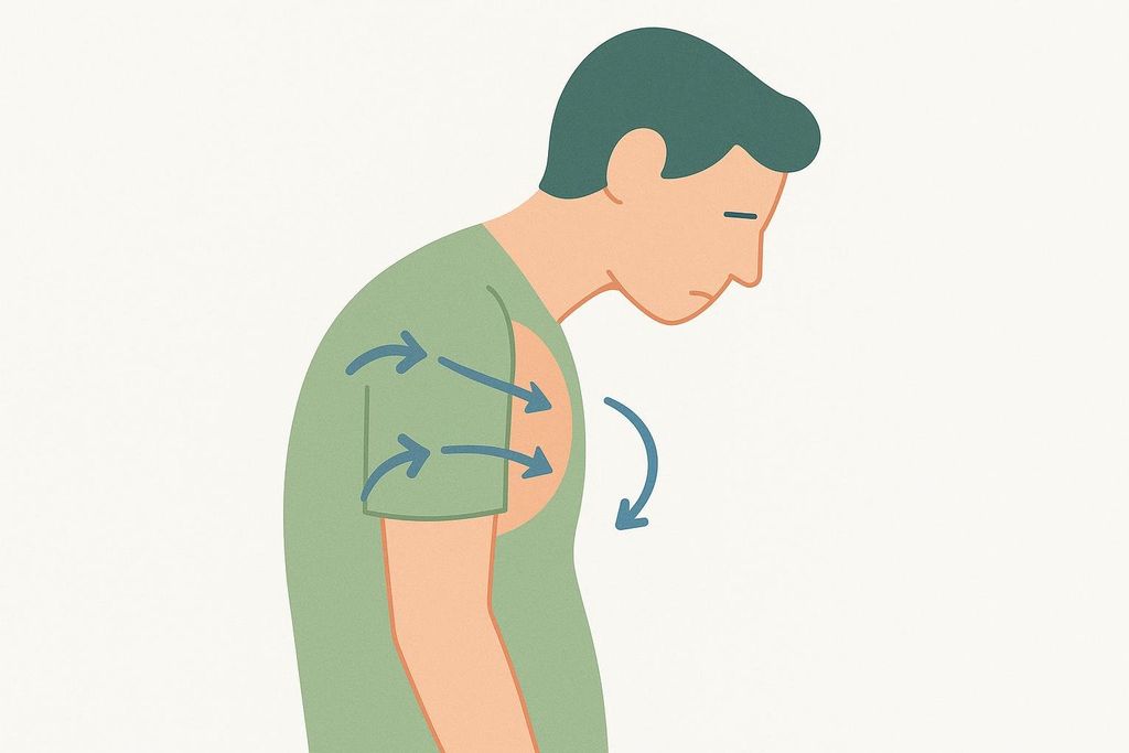Illustration showing rounded shoulders and tight chest muscles with arrows indicating the inward pull of the muscles and the rounding of the upper back.