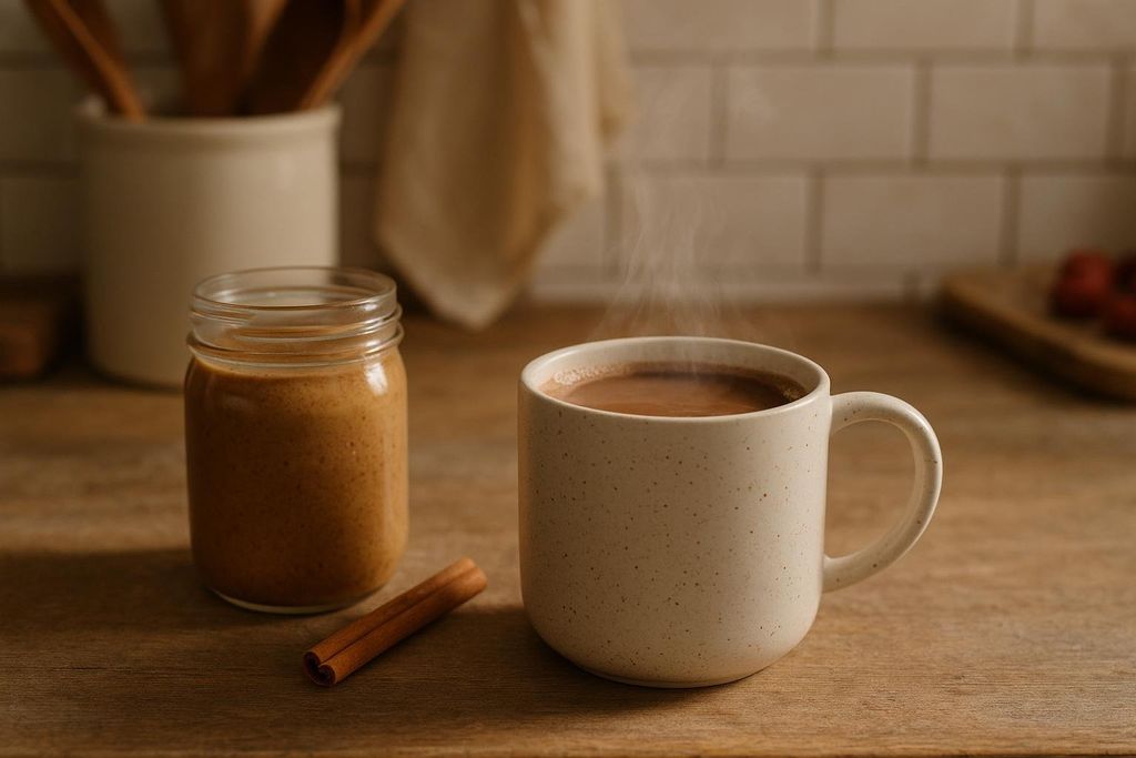 A steaming mug of hot chocolate sits on a wooden counter next to a jar of creamy nut butter and a cinnamon stick. The background shows a white subway tile backsplash and kitchen utensils.